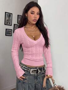 Coolane 女款秋冬復古學院風 Y2K 休閒性感老錢風基礎日常穿著 外出文藝復興市集夜店粉色毛衣冬季上衣 - 粉色 - 查看 4
