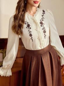 Vintamour Women's Elegant Commute Floral Embroidered Lace Trim Blouse Elegant Back To School Blouse For Women Fall/Winter Elegant Business Work Blouse For Women - Beige - View 7