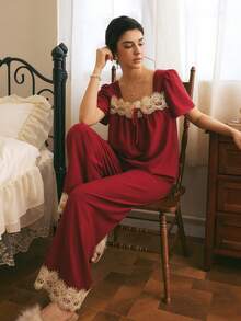 Côtesoire Women's Elegant Lace Patchwork Tie-Up Top And Long Pants Pajama Set - Burgundy - View 4