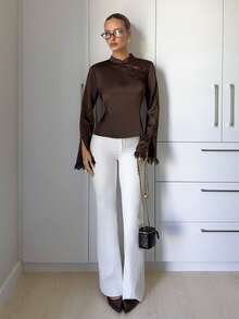 Siren Gaze Kemeja Kancing Patchwork Renda Satin Elegan untuk Wanita - Chocolate Brown - View 3