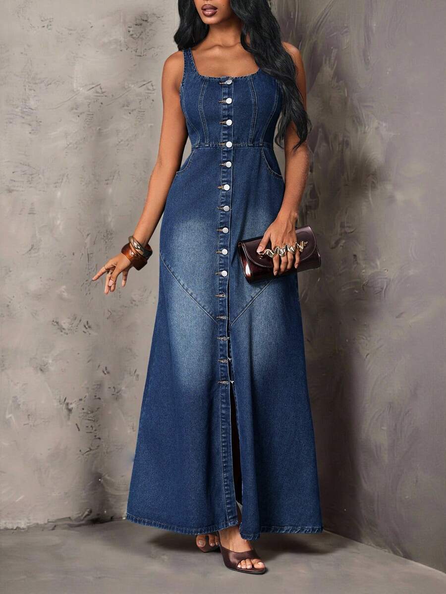 SHEIN Unity Women's Single-Breasted Split Design Casual Retro Vintage 70s 80s Daily Wear Denim Dress Everyday Going Out Fall - Blue - View 1