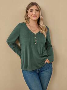 EMERY ROSE Plus Size Casual Versatile Long Sleeve T-Shirt, Autumn - Dark Green - View 3