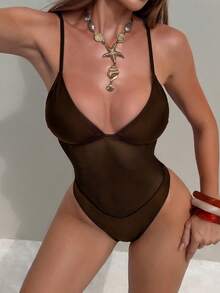 Swim SXY 1 buah Baju Renang Terusan Wanita Seksi dengan Motif Jala dan Tali Bahu yang Dapat Diatur, Potongan Ramping, Musim Semi/Panas - Coffee Brown - View 3