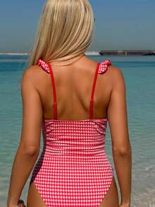 Swim Mod Women's Plaid Knotted One-Piece Swimsuit, Suitable For Beach Vacation, Pool Party, Beach Party - Red - View 2