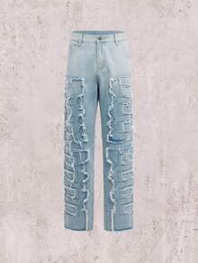 Skyrend Men's Plus Size Solid Black Creative Tassel Denim Pants, Emo Style Gothic Punk Streetwear For Emo Boy Fall/Autumn/Winter Grunge - Medium Wash - View 5
