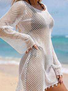 Swim Vcay 女士卡其色镂空网眼薄纱罩衫 - 白色 - 查看 5