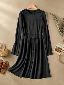 Rusticease Women's Solid Color Round Neck Long Sleeve Button Design Casual Modest Long Dress Autumn Elegant Office Dinner Black - Black - View 3