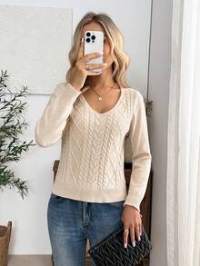 EMERY ROSE New Spring Fall Ivory Cable Diamond Weave Knit Top V Neck Long Sleeve Vintage Cottagecore Layering Blouse - Apricot - View 6
