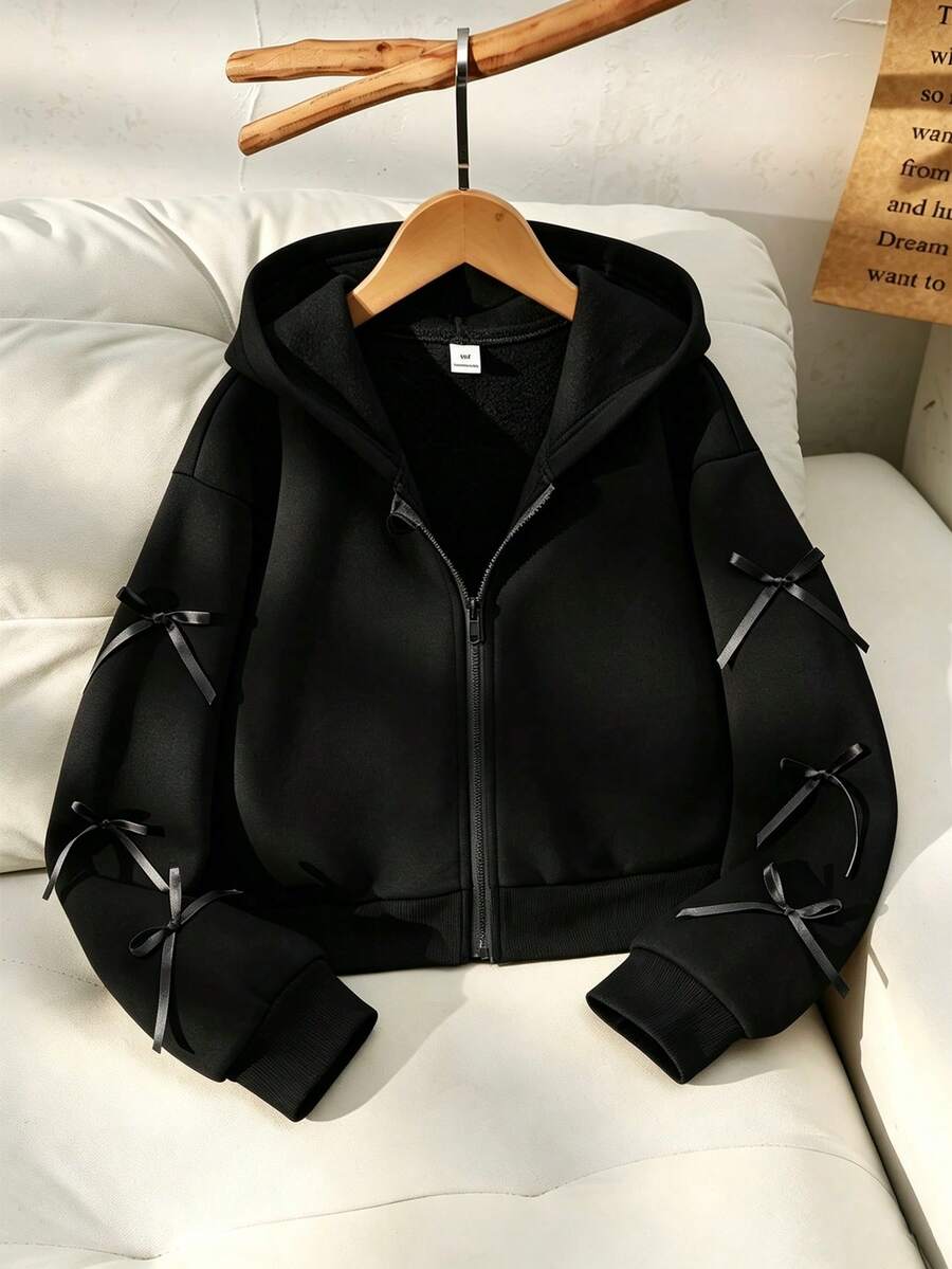 SHEIN 女童素色時尚蝴蝶結夾克,秋冬款,袖口蝴蝶結裝飾,青春活力風格,適合返校或日常戶外穿著 - 黑色 - 查看 1