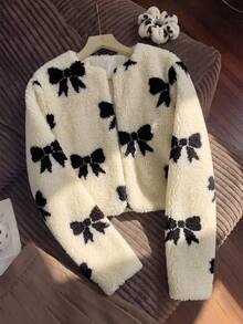 SHEIN SHIEN 青少年女孩黑色蝴蝶結印花人造毛皮夾克，適合派對、秋冬穿著 - 黑與白 - 查看 8