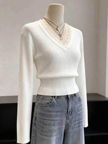 Lalippa Women's Solid Color Contrast Lace V-Neck Long Sleeve Sweater Office White Autumn Elegant - White - View 3