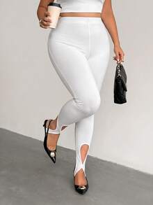 Firerie Plus Size Women's Sexy Elegant Daily Gym Workout Vacation Active Casual White Knit High Waist Slim Fit Cutout Stirrup Tight Leggings Fall - White - View 9
