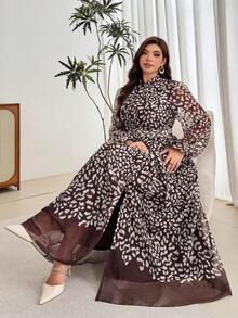 Modelyn Plus Size Women's Fashion Minimalist Elegant Cinched Cinched Waist Flared Dress - Coffee Brown - View 6