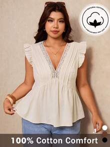 Elaquor Plus Size Women Summer Casual Elegant Boho Vacation Solid Color V-Neck Contrast Lace Ruffle Armhole Fold Pleated Babydoll Top Formal White Brunch - White - View 10
