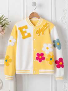 SHEIN Sparklyn 女童休閒時尚百搭春秋款彩色3D花卉拼色寬鬆棒球夾克 - 彩色 - 查看 6