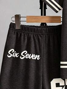 SHEIN 2件套男童休闲时尚创意个性清新高端简约数字67条纹黑米色图案字母标语印花宽松T恤和短裤套装，舒适日常穿着，温暖夏日风格，适合春夏季节 - 彩色 - 查看 5