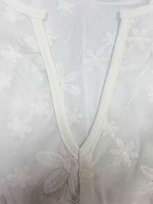 INAWLY Plus Size Solid Color V-Neck Mid-Sleeve Shirt With 3D Floral Decor, Summer Fall - White - View 5