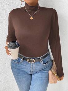 SHEIN Frenchy Plus Mock Neck Ribbed Knit Tee Fall - Chocolate Brown - View 1