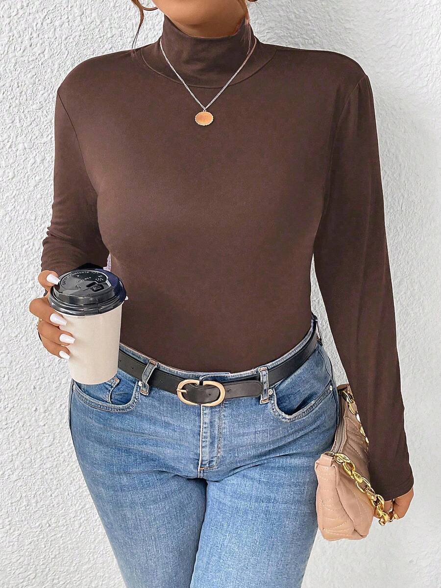 SHEIN Frenchy Plus Mock Neck Ribbed Knit Tee Fall - Chocolate Brown - View 1