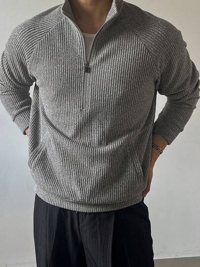 DAZY Spring/Autumn Knit Fabric Stand Collar Half-Zip Grey Slightly Loose Fit Men's Pullover Sweatshirt