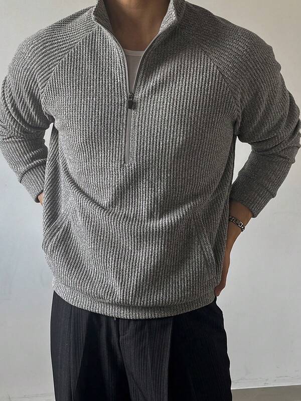 DAZY Spring/Autumn Knit Fabric Stand Collar Half-Zip Grey Slightly Loose Fit Men's Pullover Sweatshirt