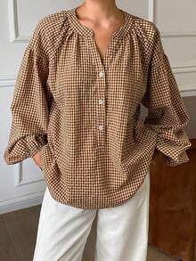 DAZY Women's Contrast Plaid Loose Pullover Long Sleeve Casual Vacation Spring Autumn Blouse - Brown - View 3