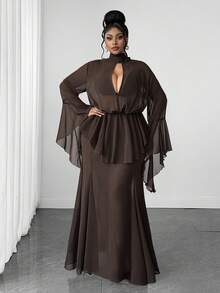 Maweii Gaun Mermaid Sensual Lengan Lonceng Transparan dengan Hem Dua Lapis untuk Wanita Ukuran Plus, Musim Gugur - Coklat - View 3