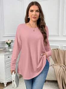 Firerie Plus Size Elegant Casual Loose Long Sleeve Crew Neck Solid Basic Layering Ruffle Hemline T-Shirt Spring Fall - Pink - View 8