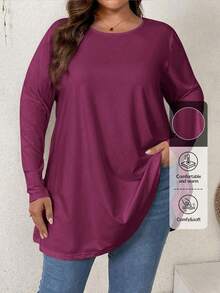 Firerie Kaos Kasual Ukuran Besar Model Longgar, Bahu Jatuh, Leher Bulat, Lengan Panjang, Warna Polos, Cocok untuk di Rumah, Liburan, dan Sebagai Lapisan Pakaian Musim Semi dan Gugur - Red Violet - View 8