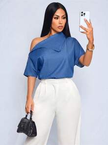 SOLERSUN Women's Summer Elegant Asymmetric Collar Blue Blouse Night Out Date Night Outfits Minimalist Everyday/Commute/Vacation Festival One Sided Top - Navy Blue - View 9