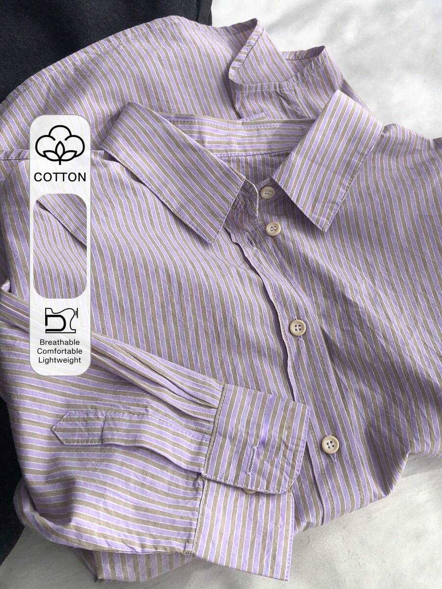 DAZY 女款紫色直條紋棉質寬鬆長袖領口襯衫,舒適休閒百搭 - 紫色 - 查看 1