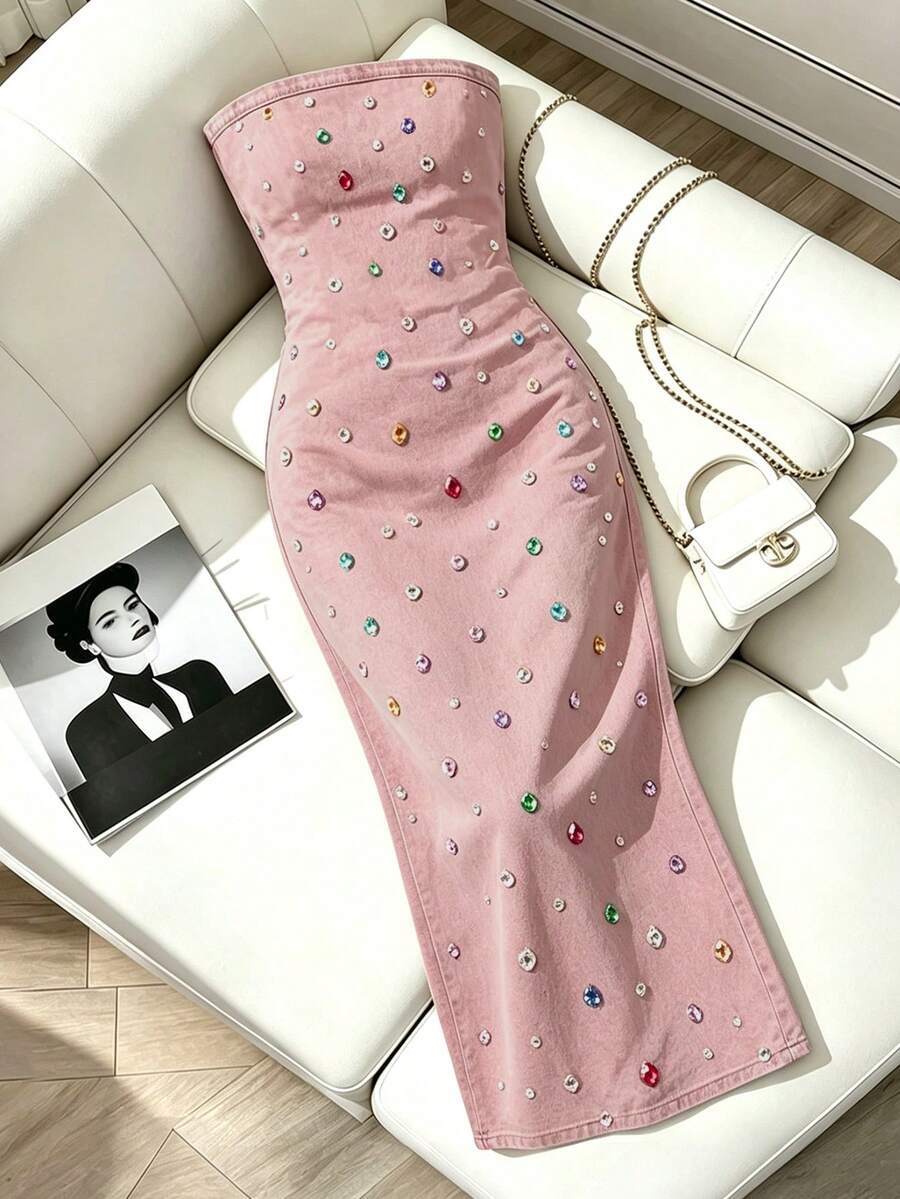 Resyla 女款牛仔效果印花抹胸修身優雅洋裝 - 彩色 - 查看 1
