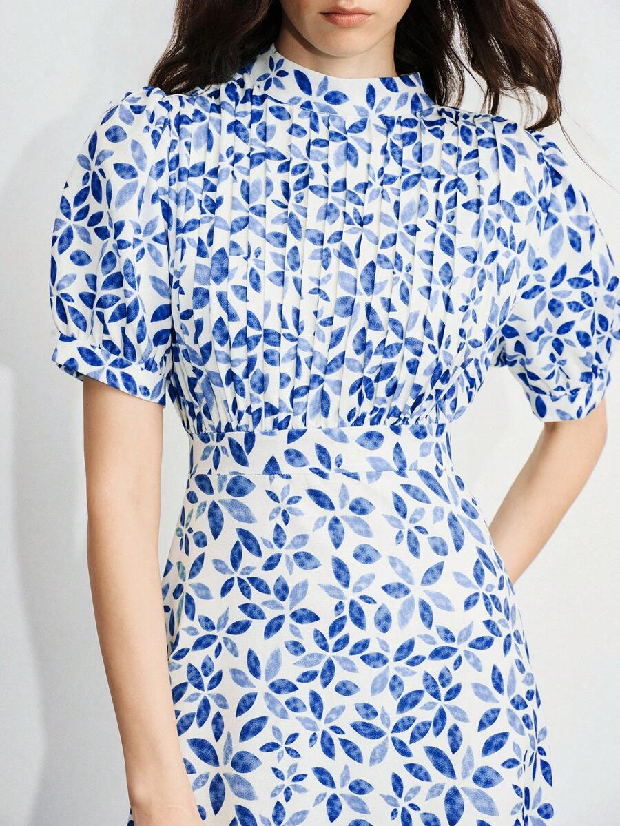 Aveloria Modichic Delicate Pleated Craftsmanship Random Spring/Summer Botanical Print Stand Collar Puff Sleeve Belt Waist A-Line Mid-Length Dress White And Blue - Blue - View 1