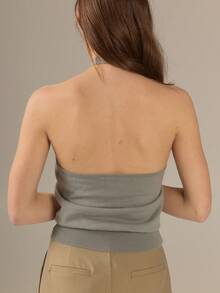 KÆRIA Hus Detailed Button Front Open Back Halter Knit Top - Fine Gauge 100 Cotton - Sage Green - Versatile Date Brunch City Break Daily Summer Casual French - Grey - View 2
