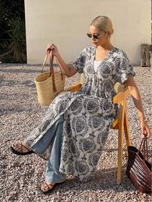FRIFUL Women's Casual Vacation All-Over Print Dress Sundress Boho - Black and White - View 5