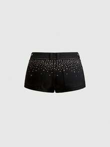 ACID BLVD Summer/Spring Y2K Millennium Style Rock Back Pocket Rhinestone Gradient Zipper Decor Ultra Low Waist Skinny Denim Shorts - Grey - View 5
