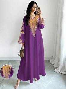 SHEIN Najma 女士波点印花V领长袖优雅连衣裙，春夏款 - 彩色 - 查看 1