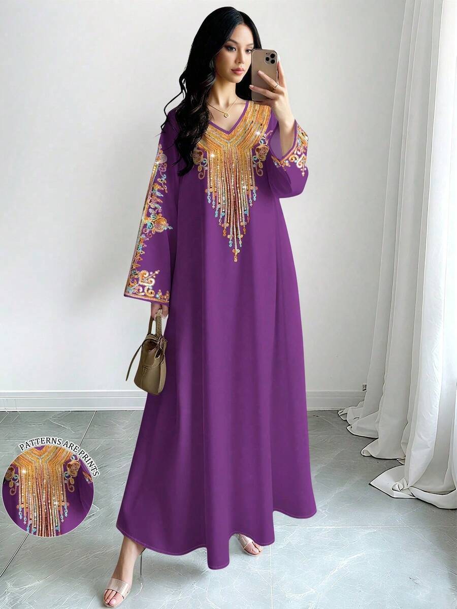 SHEIN Najma 女士波点印花V领长袖优雅连衣裙,春夏款 - 彩色 - 查看 1