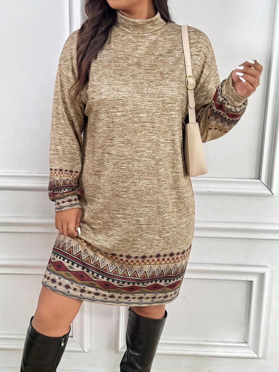 SHEIN Frenchy 大尺碼女款幾何印花休閒日常連身裙 秋冬休閒外出裙