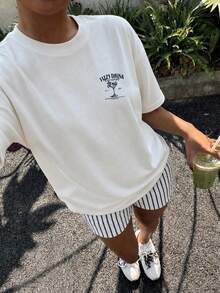 青少年女孩休閒極簡風寬鬆圓領短袖T恤與寬鬆短褲兩件套，適合春夏穿著 - 彩色 - 查看 6