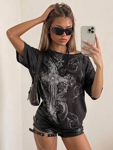 SHEIN ICON Y2K 复古垃圾风十字印花斜肩宽松休闲T恤 - 黑色 - 查看 1