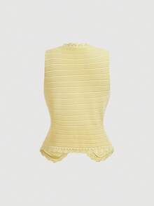 SHEIN MOD 女款純色V領單排扣優雅針織開襟背心 - 淡黃色 - 查看 4