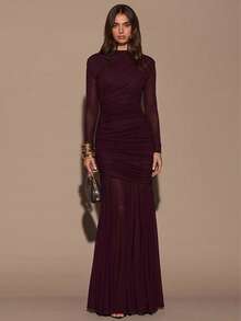 SHEIN BAE Damen Herbst Rundhals gerafftes Langarm figurbetontes Volles-Rock-Venus-Kleid, elegantes Abendkleid, Hochzeitskleid, Cocktailkleid, elegantes Kleid, Langarmkleid - Bordeaux - Übersicht 1