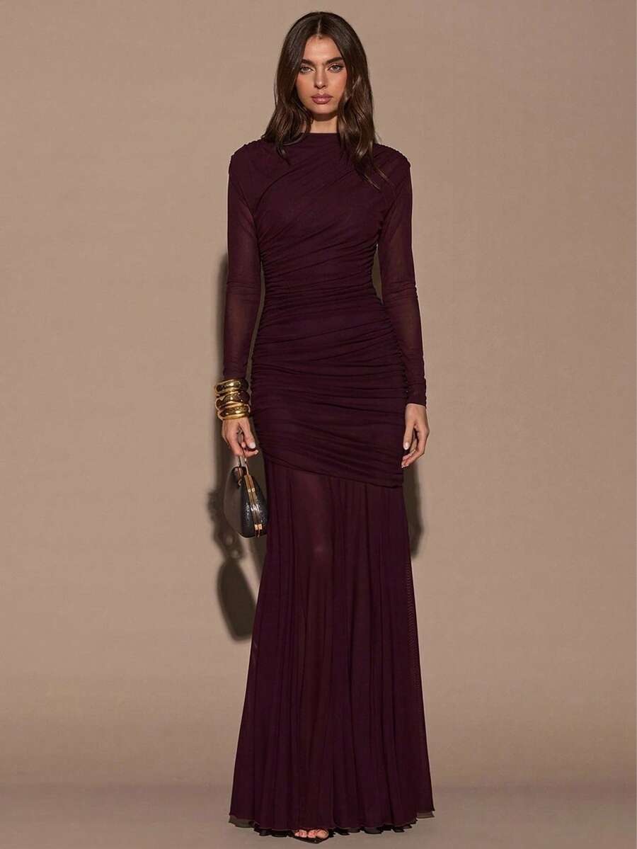 SHEIN BAE Damen Herbst Rundhals gerafftes Langarm figurbetontes Volles-Rock-Venus-Kleid, elegantes Abendkleid, Hochzeitskleid, Cocktailkleid, elegantes Kleid, Langarmkleid - Bordeaux - Übersicht 1