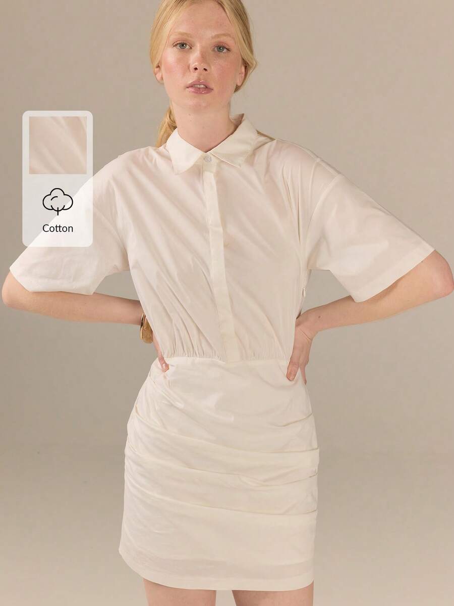 KÆRIA Hus Side Ruched Mini Shirt Dress - Cotton Comfort Stretch - Off-White - Office Brunch, Casual French Minimalist, Everyday Summer - White - View 1