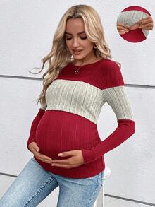 SHEIN Maternity Casual Color Block Spring/Autumn Long Sleeve Round Neck Nursing Top Long T-Shirt Fall - Red - View 2