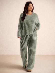 Elaquor Conjunto de 2 piezas de top de manga larga holgado y pantalones de talla grande informal - Verde - Ver 4