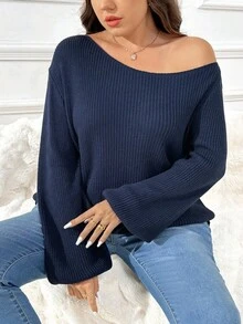 SHEIN Essnce 大码女装秋季女装新款时尚休闲通勤拉绒面料休闲纯色藏青色宽松多穿法（单肩、斜肩、正肩）针织毛衣，毛衣套头露肩上衣，露肩长袖，秋季女士毛衣， - 藍色 - 查看 4