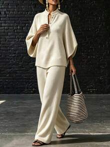 LUMIGAL Women's Solid Color Button Half-Placket 3/4 Sleeve Sweater And Knit Pants 2 Pieces Set - Khaki - View 5