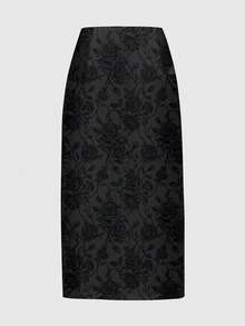 ROMWE Fairycore Falda de mujer con abertura alta estilo Mori floral con rosas - Negro - Ver 2